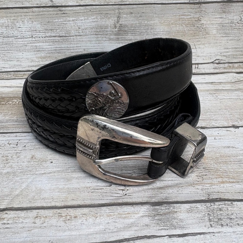 Onyx by Brighton Belt 36 Black VTG 1998 Western Golf Leather Concho Braided